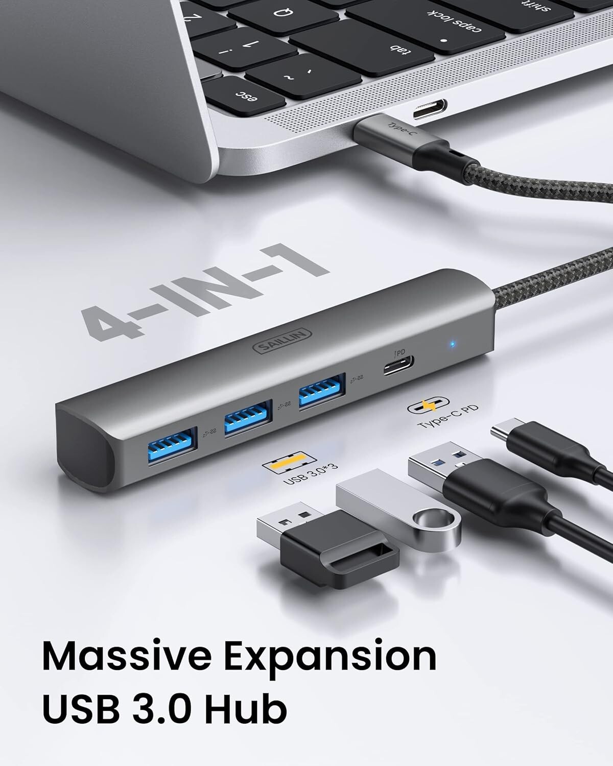 USB C 4-in-1 Hub Adapter 3x USB 3.0 + 100W PD Aluminum Body – MacBook/iPad/PC