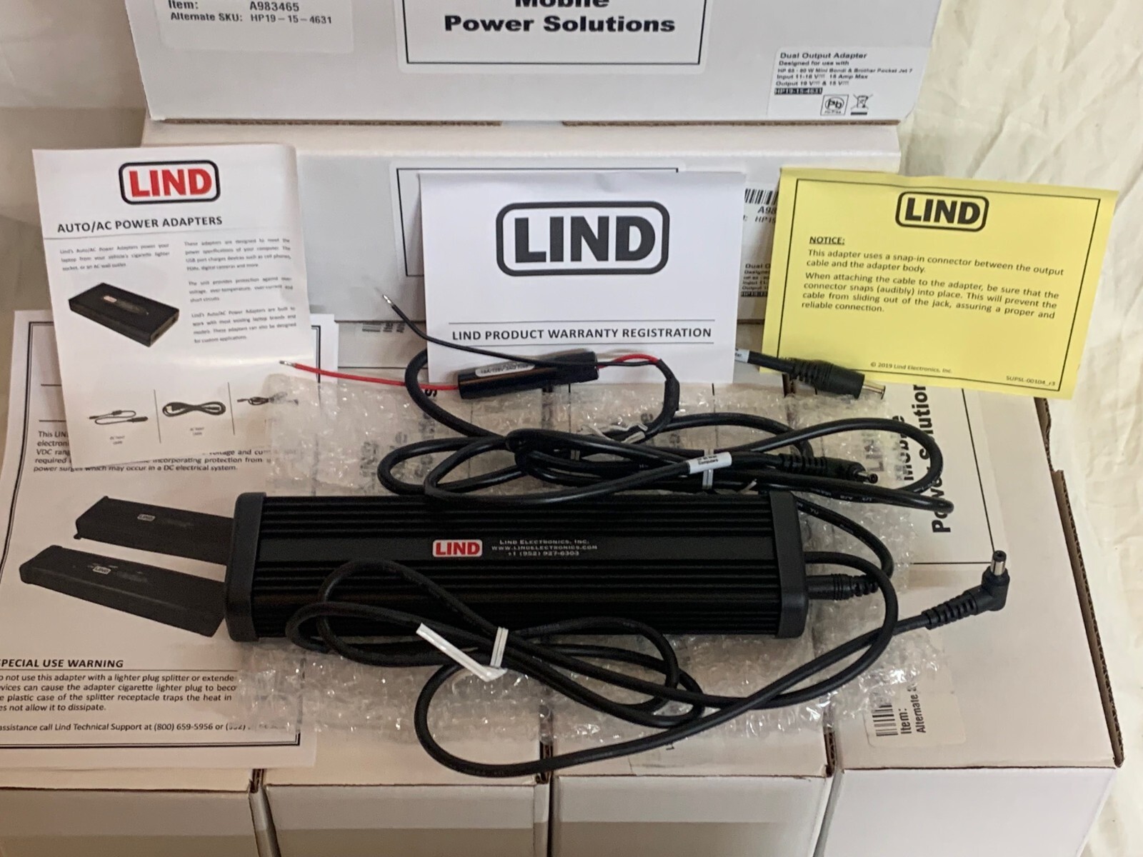 LIND Dual Output power Adapter A983465 - HP 19-15-4631 (Hardwire w/ inline fuse)