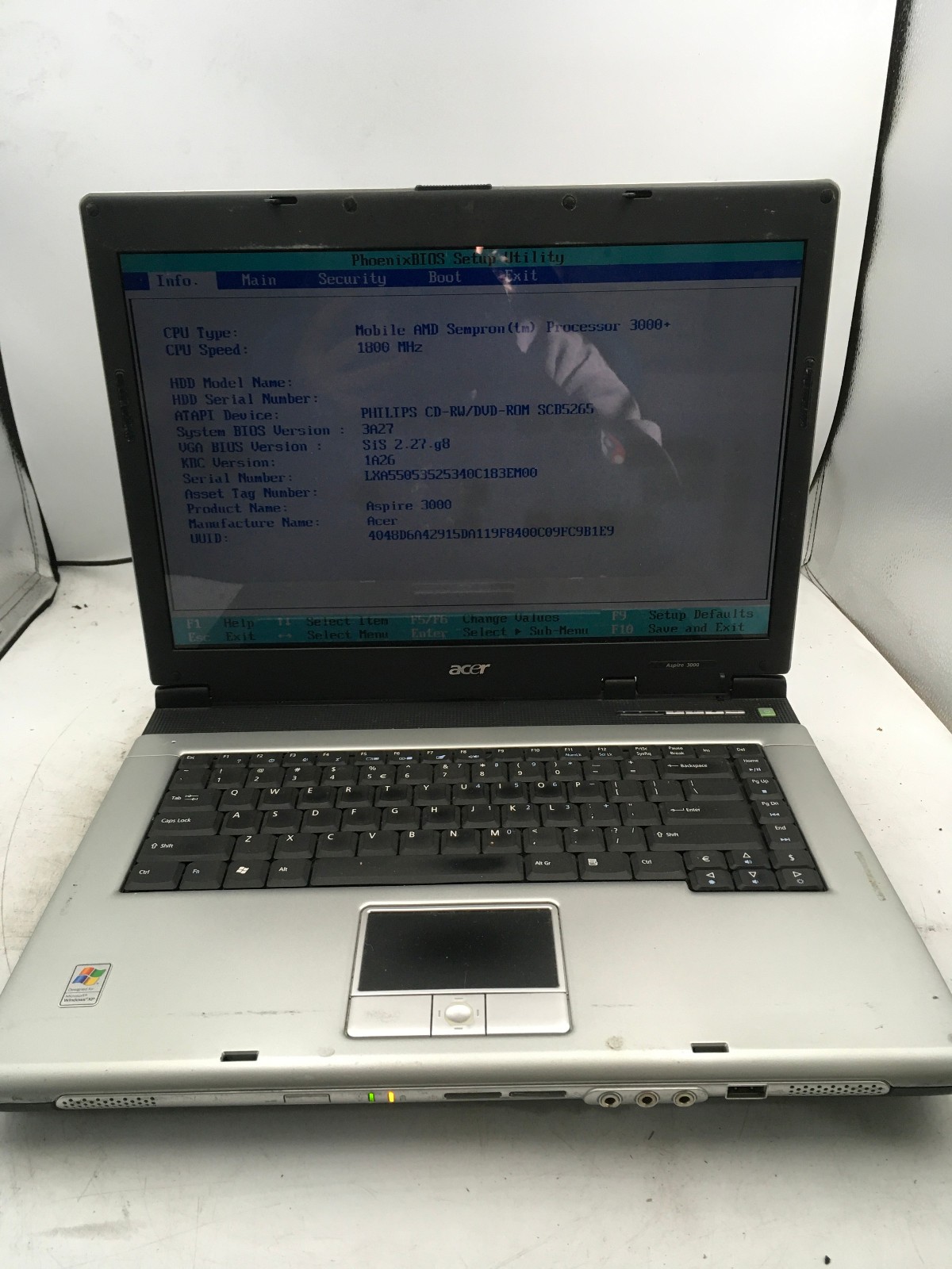 ACER ASPIRE 3000 ZL5 - BOOTS TO BIOS - AMD SEMPRON 3000 - 4GB RAM - READ DESC-BB