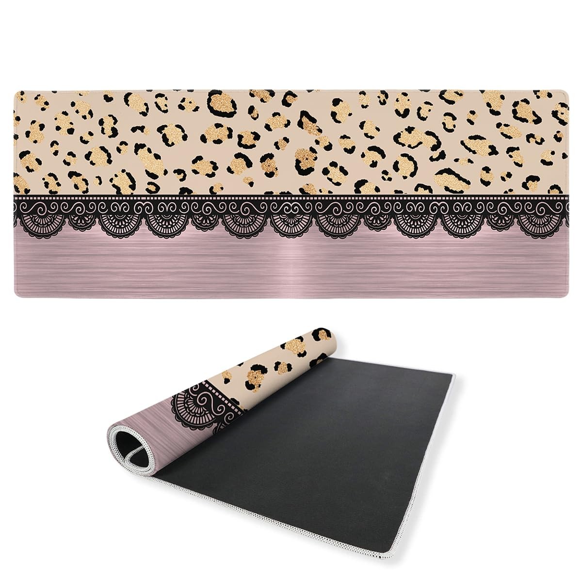 Leopard Print Desk Mat Gaming Mouse Pad Glitter Lace Rose Gold Glam Mousepad ...