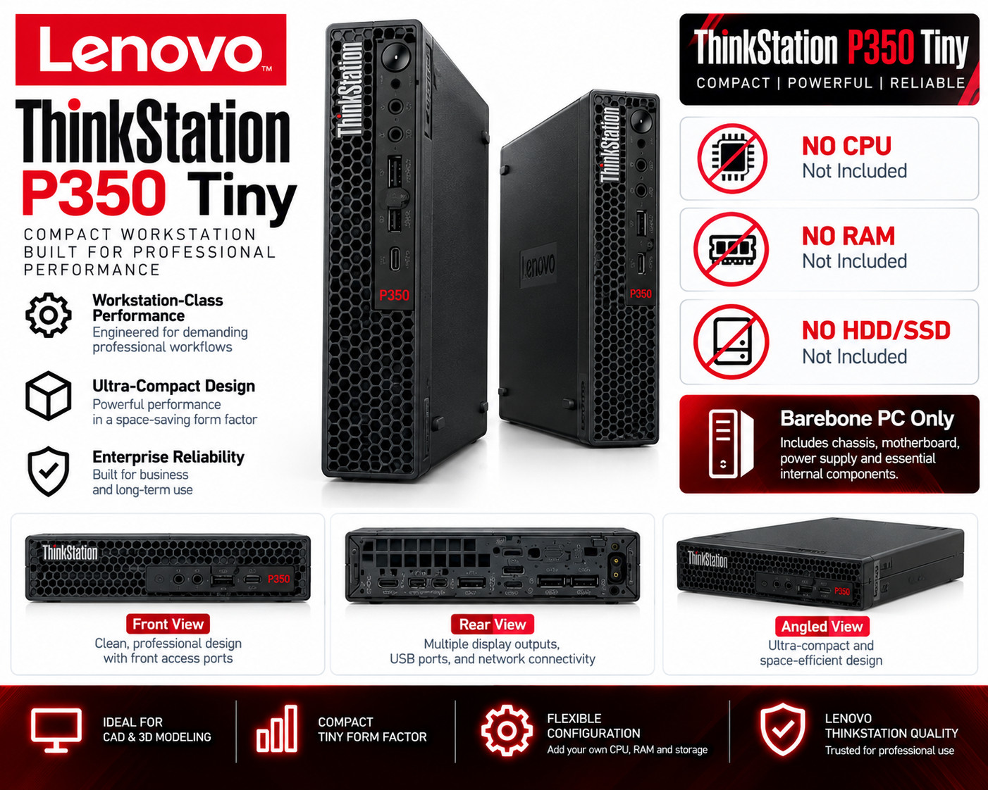 NEW Lenovo ThinkStation P350 Tiny PC -  No CPU/RAM/HDD/GPU - Barebone PC only