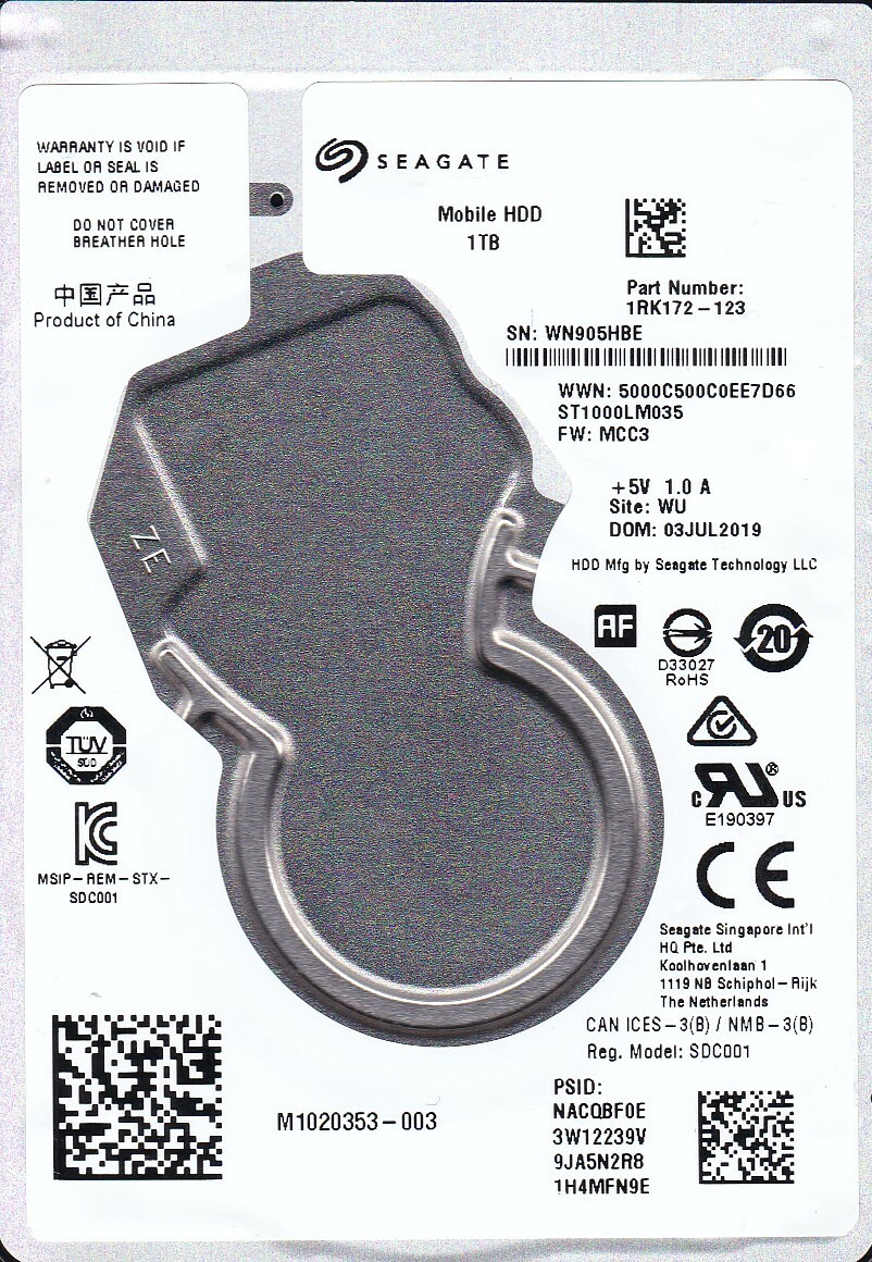 ST1000LM035 pn: 1RK172-123 fw: MCC3 sn: WN9 WU JUL/2019 1TB SATA 2.5" SEAGATE