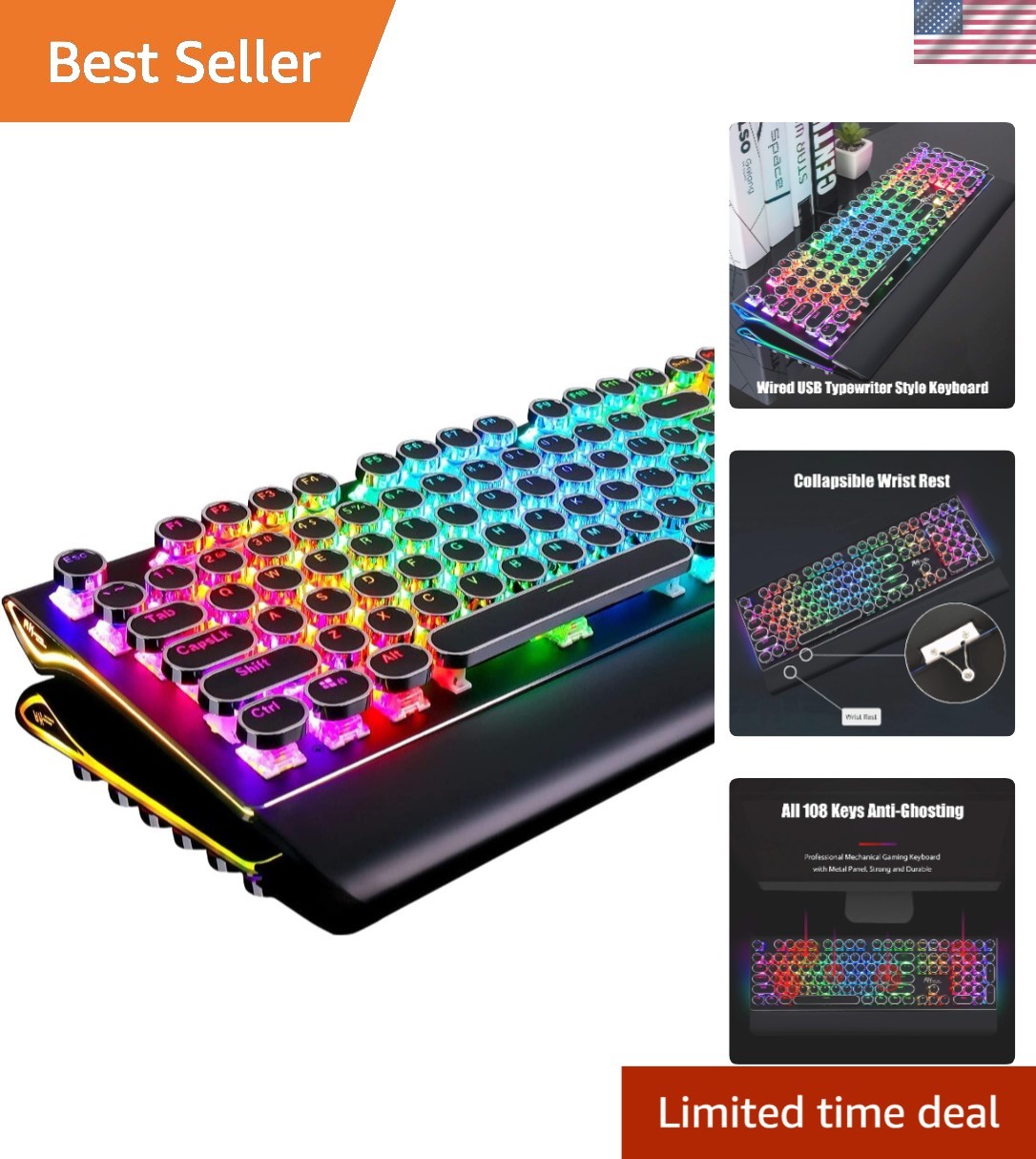 S108 Typewriter-style Gaming Keyboard with Blue Switches & Customizable Lighting