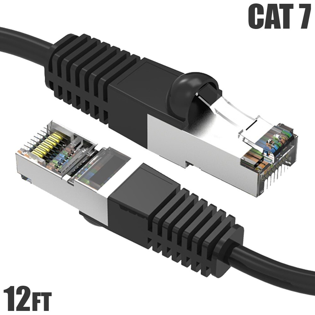 12FT Cat7 RJ45 Network Ethernet SSTP Patch Cable Shielded Copper 600MHz Black