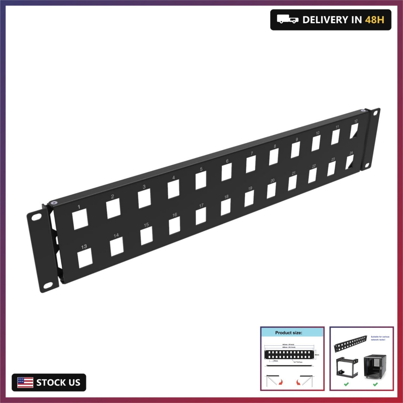2U Hinged 24-Port Blank Keystone Patch Panel Metal