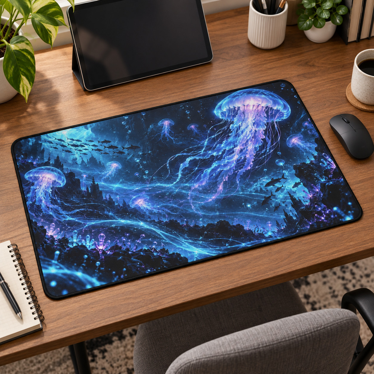 Jellyfish Desk Mat, Ocean Mouse Pad, Blue Underwater Gaming Desk Decor