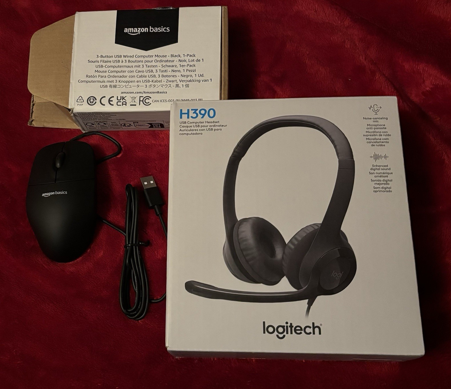 Logitech H390 USB Wired Mic With Noise Cancellation & Amazon Basics Mouse New