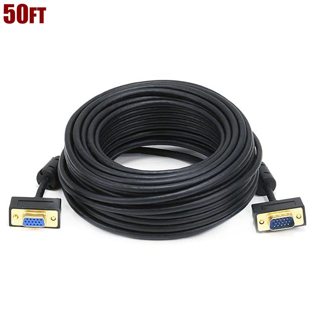 50FT Monitor Cable SVGA VGA Male to Female Ultra Slim w/ Ferrites Gold Plated