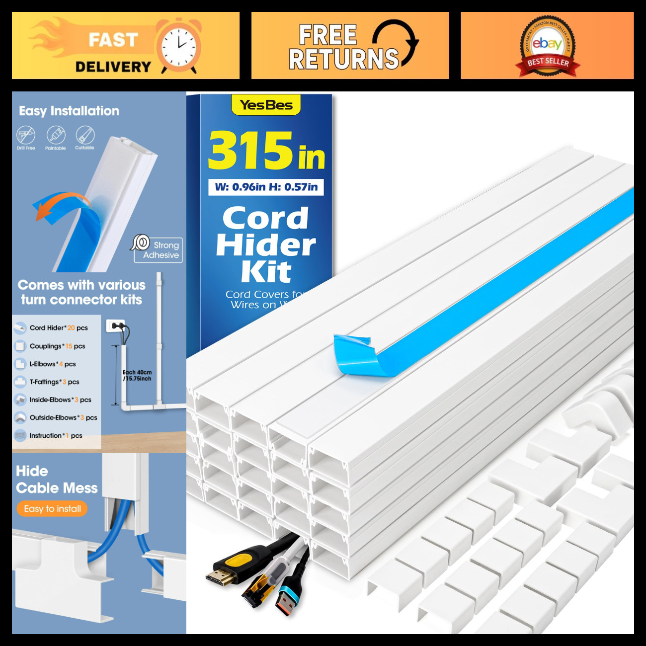 315in Paintable Cord Hider Kit - Wall Cable Raceway & Wire Covers for TV Cords