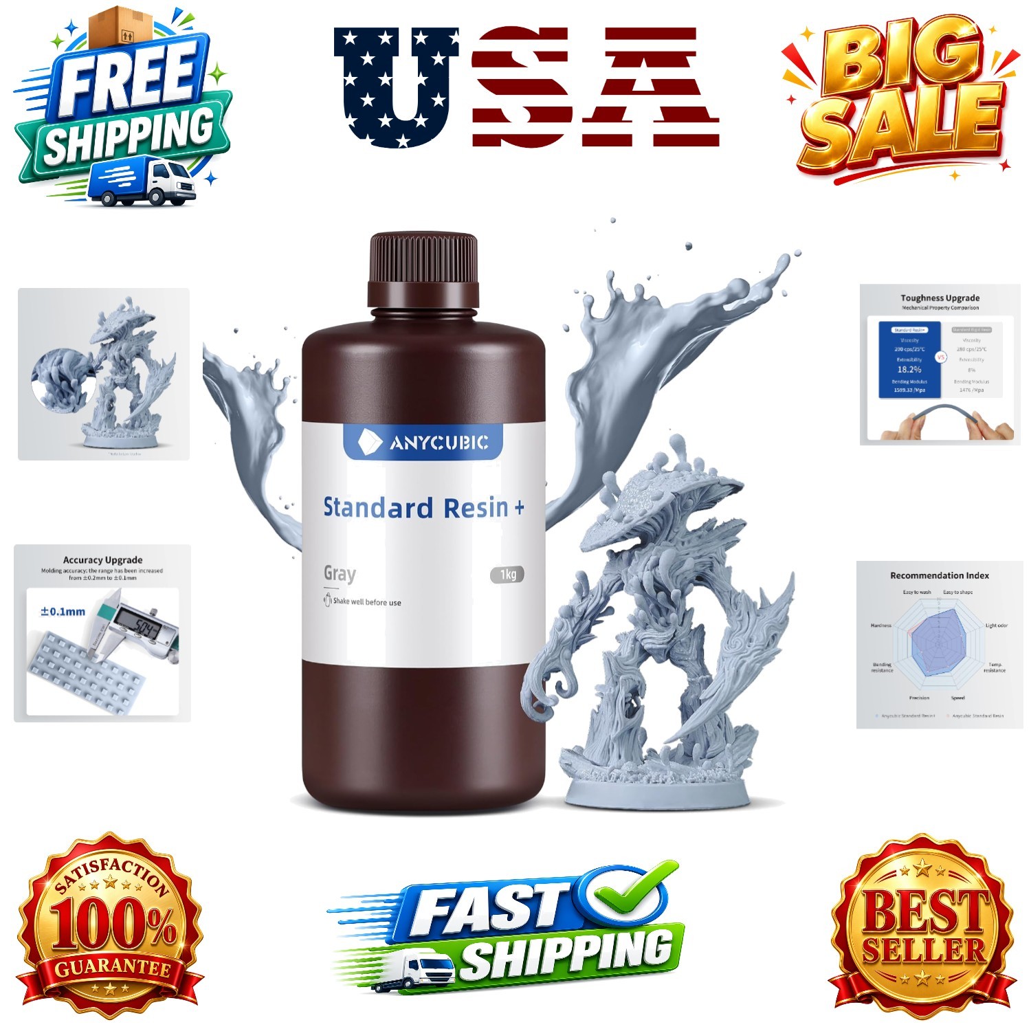 Upgraded Standard 3D Printer Resin, 405nm SLA Fast UV-Curing Resin, High Prec...