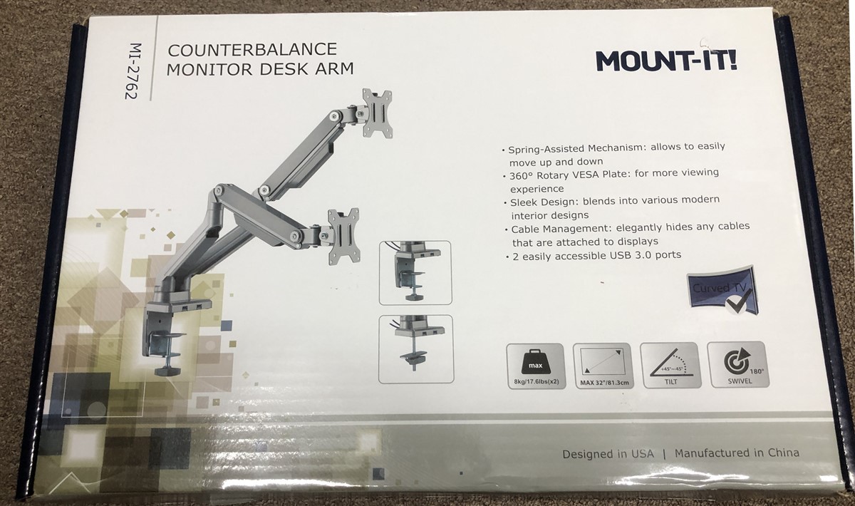 Mount-It Dual Arm Computer Monitor Desk Mount Stand w/USB Ports Silver MI-2762