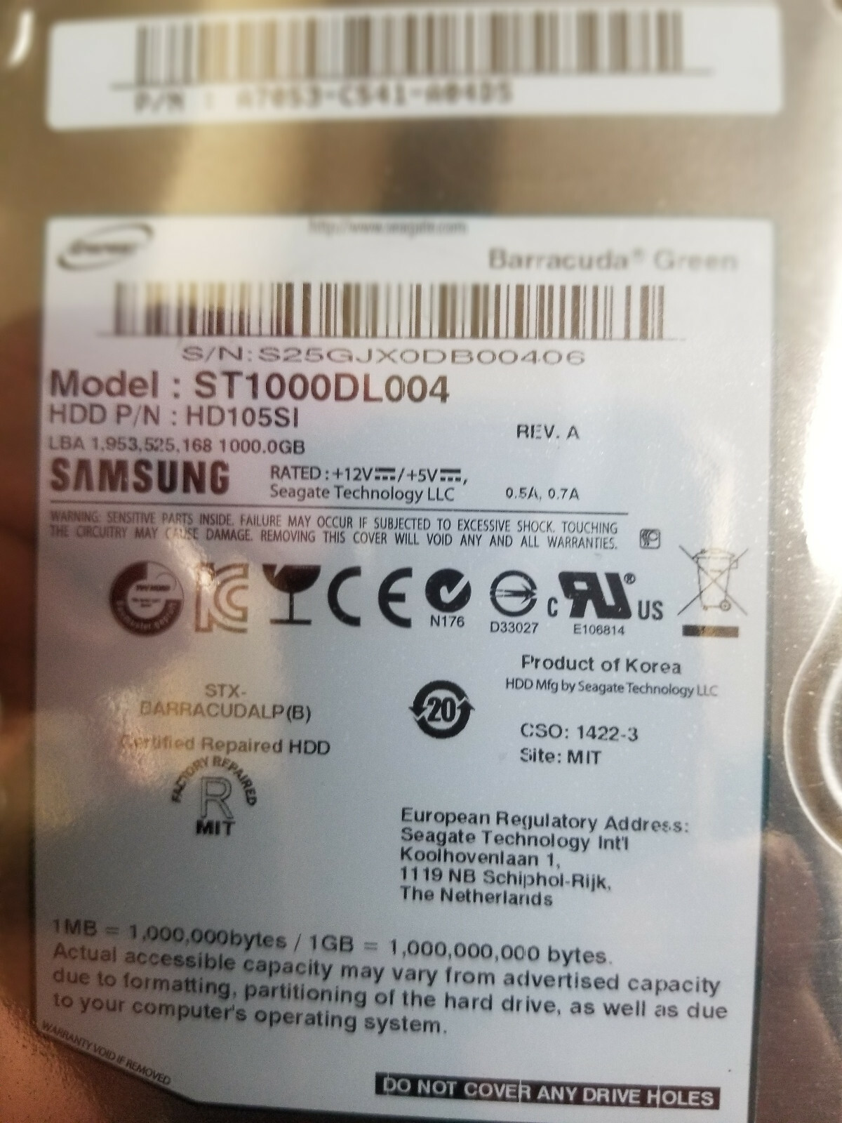 NEW Samsung ST1000DL004, HD105SI, PN: A7053-C541-A04DS, 1TB 3.5" Hard Drive