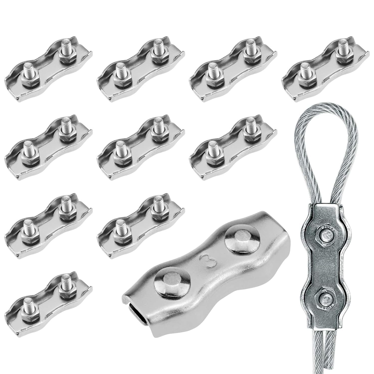 12 Pcs 1/8 Inch Duplex Double Bolt Cable Clamp, M3 Stainless Steel Wire Rope Cli