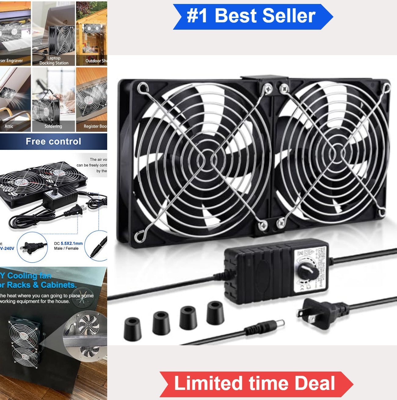 2 Pack 120mm 240mm Computer Case Fan AC Plug Variable Speed Control 12V Dual