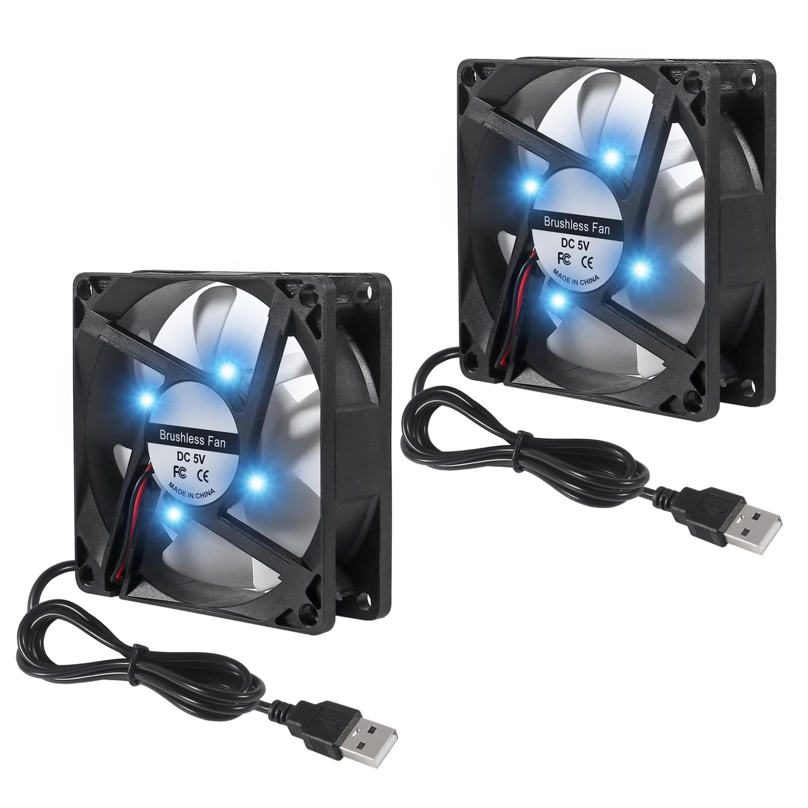 2PCS 80mm 8cm LED Blue Computer Case Cooling Fan 80x80x25mm 5V USB