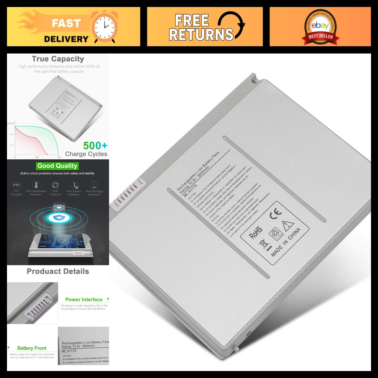 New 15" Laptop Battery for MacBook Pro 2006-2008, 10.8V 5800mAh, High Capacity