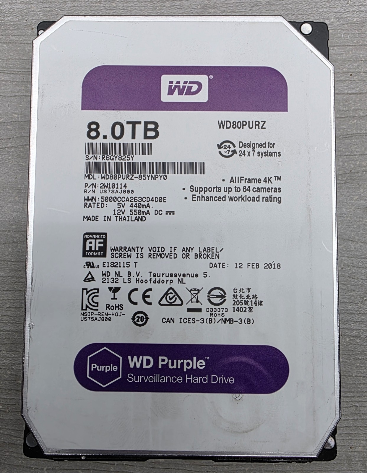 WD Purple 8TB 5400 RPM SATA 6Gb/s 128MB 3.5" Surveillance HDD WD80PURZ