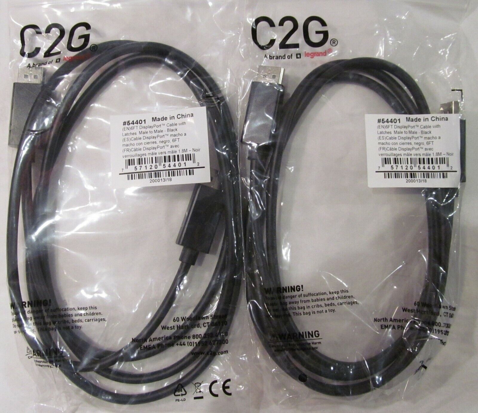 2-PACK LEGRAND C2G 54401 6ft DISPLAYPORT VIDEO MONITOR CABLE W/LATCHES MALE-MALE