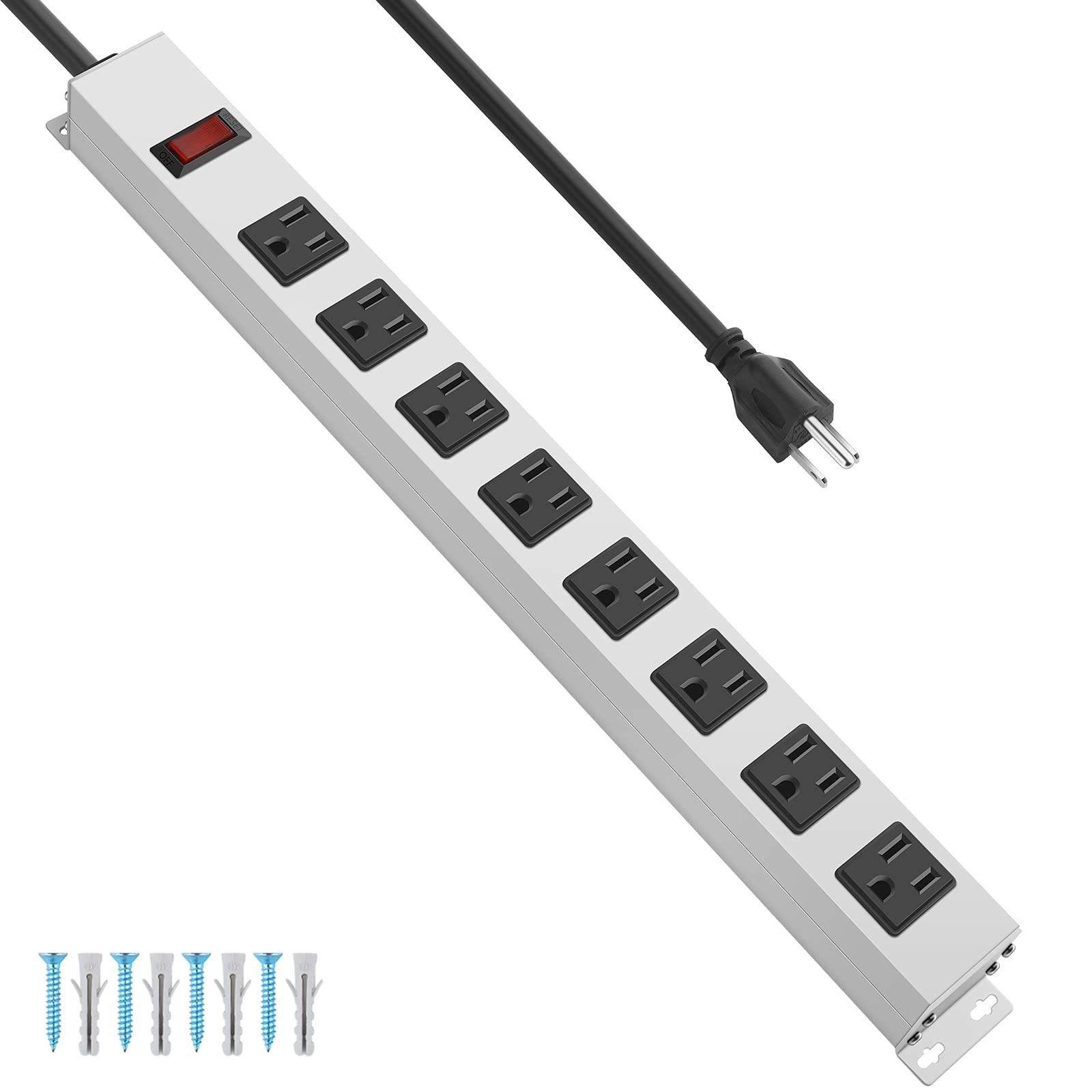 Heavy Duty 8 Outlet Metal Power Strip Surge Protector White 6 FT Cord Mountable
