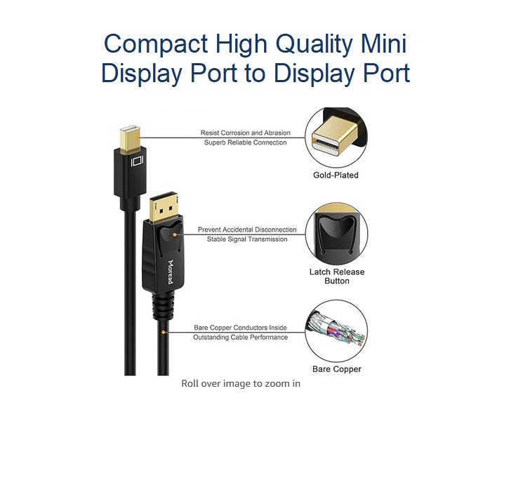 Moread Mini DP to DP Cable, 6 FT, Gold-Plated (4K@60Hz, 2K@144Hz)