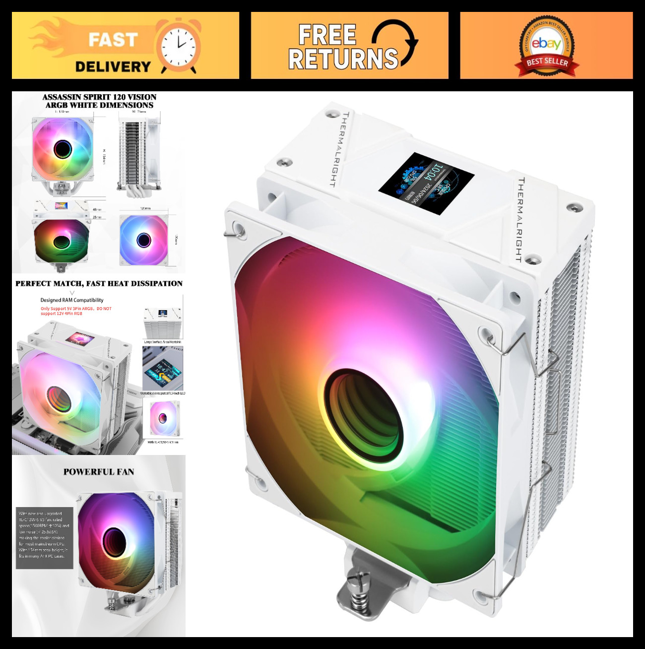 High-Performance CPU Air Cooler with ARGB, 240mm IPS LCD Screen, Intel & AMD Com