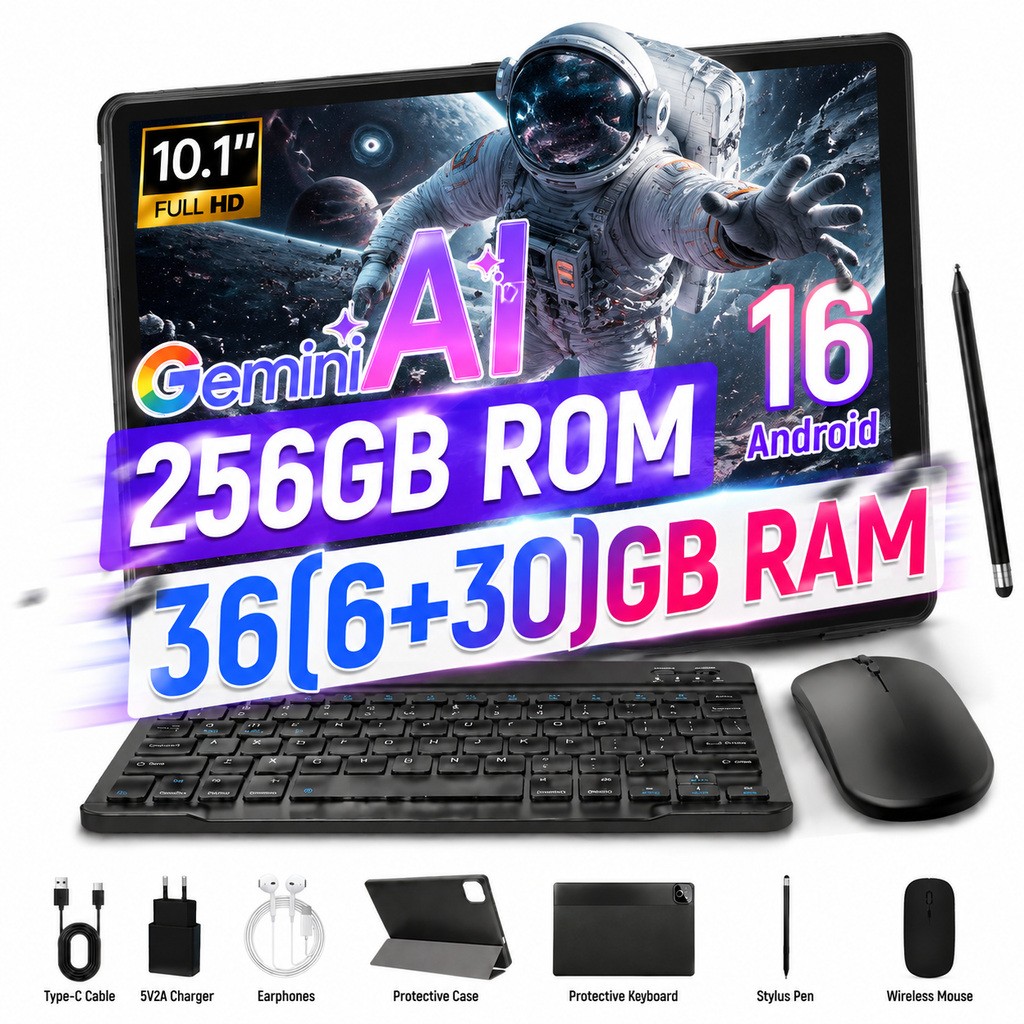 10.1 inch IPS Tablet Android 16 Pad Octa-Core 36GB 256GB ROM Wifi5G Gemini AI2.0