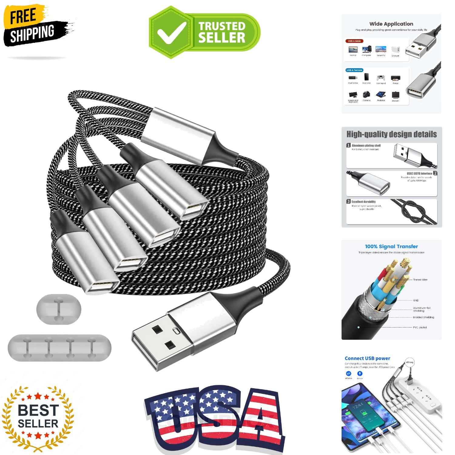 USB Y Splitter, A 1 Male to 4 Female USB Extension Cable, USBA Splitter Suppo...