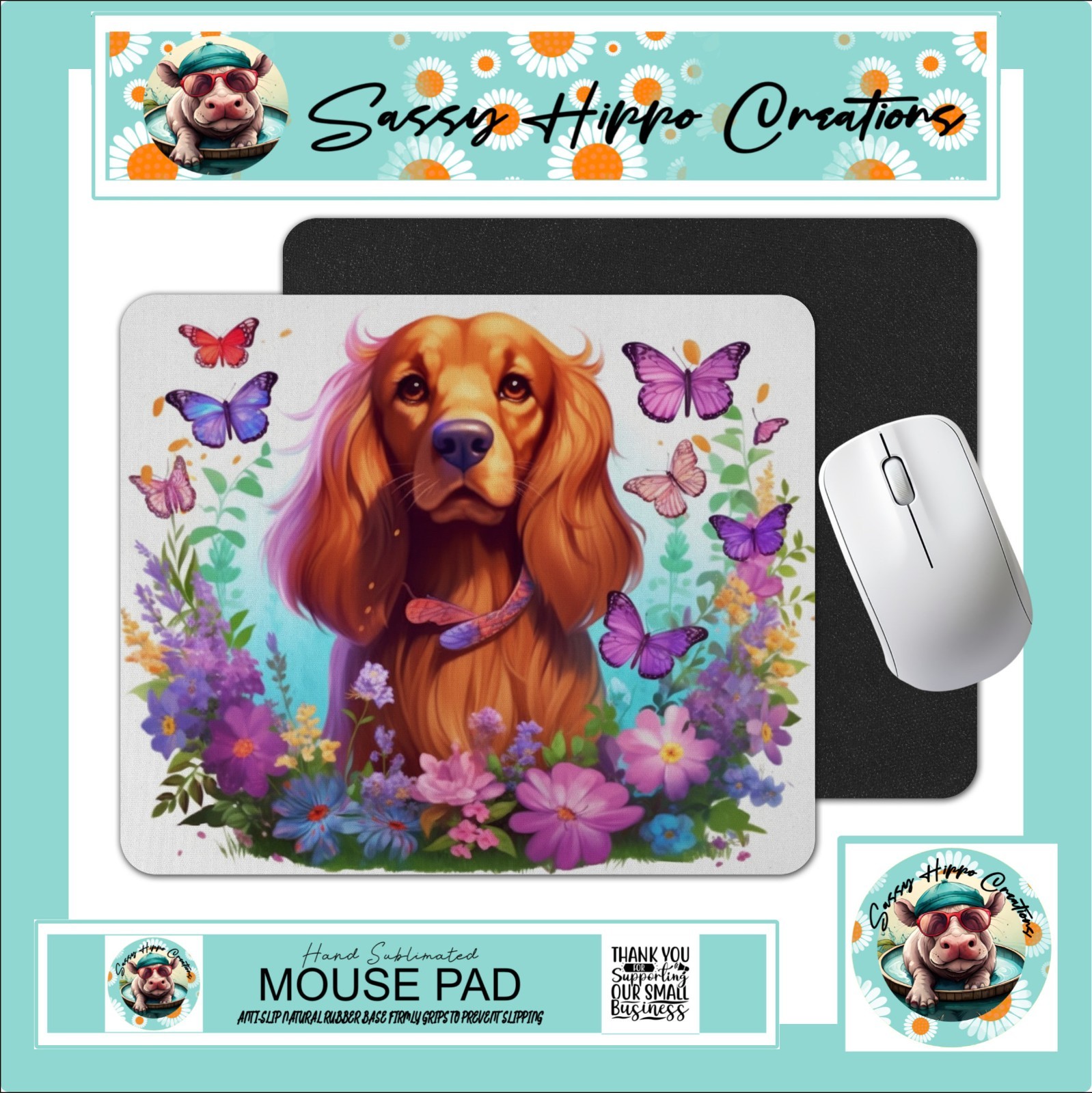 Mouse Pad Cocker Spaniel Puppy Butterflies Anti Slip Back Easy Clean Sublimated