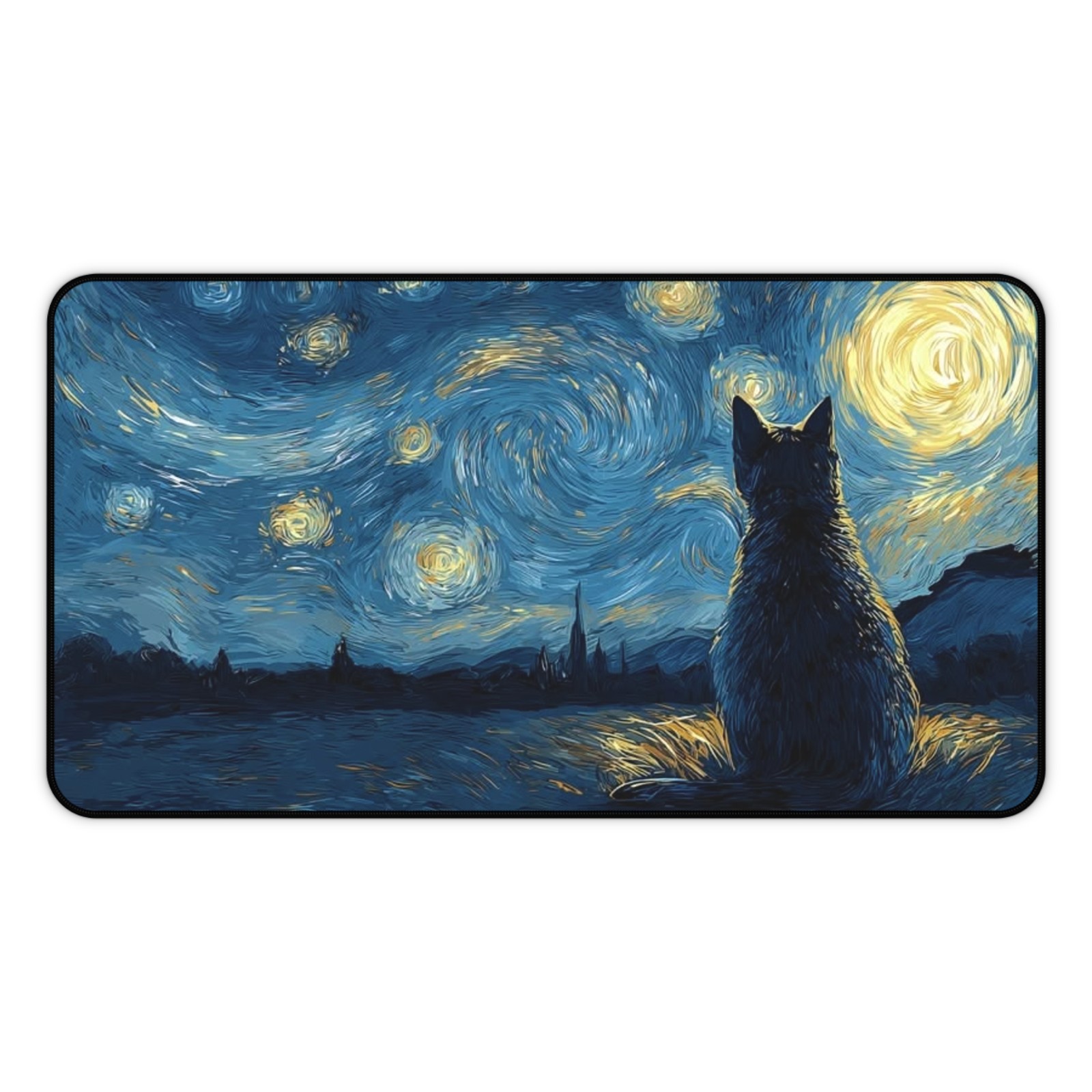 Starry Night Cat Desk Mat Van Gogh Style Mouse Pad