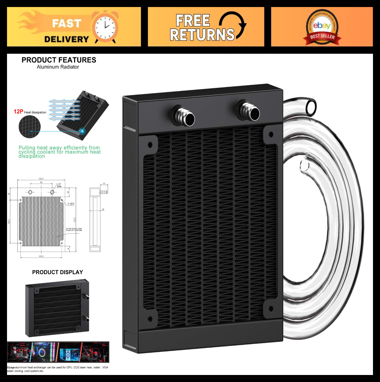 12 Pipe Aluminum Water Cooling Radiator for PC CPU - 120mm Heat Exchanger System
