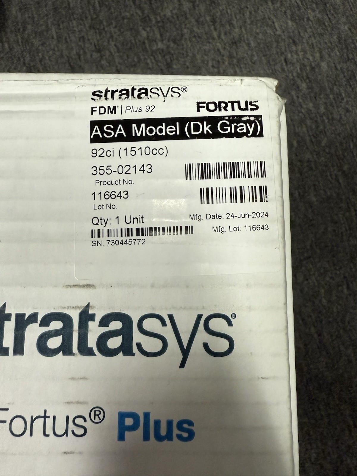 Stratasys ASA Dark Gray Filament Canister, Fortus Plus,  355-02143, 92ci(1510cc)