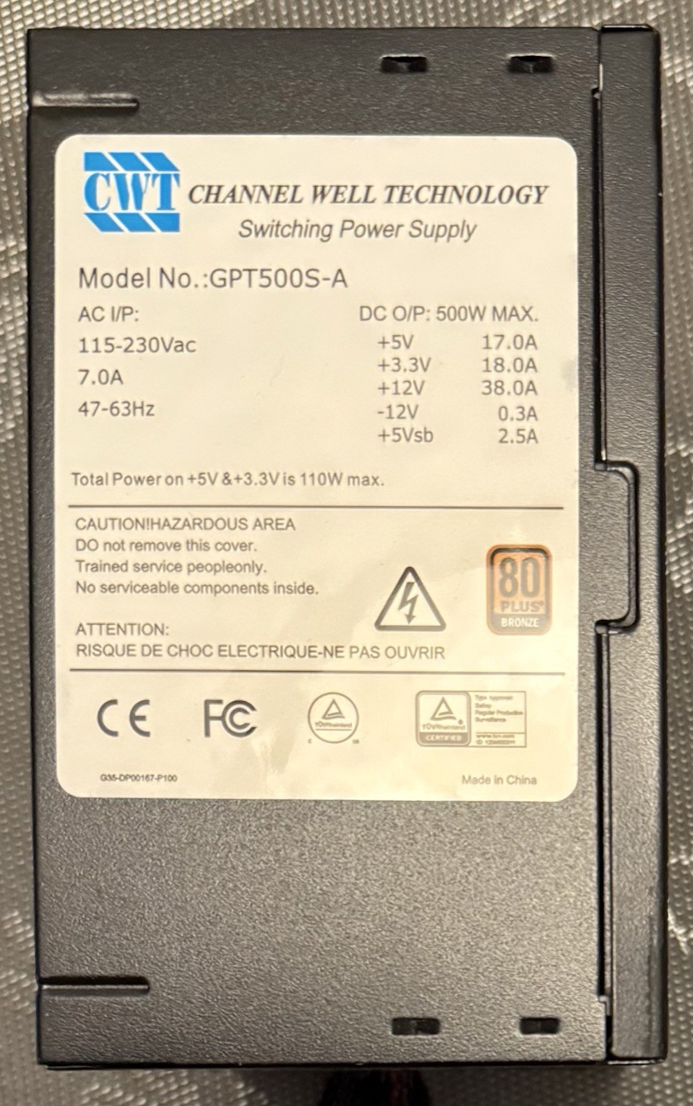 Channel We​ll Technol​ogy CWT GP​T500S-A 50​0W​ Power Sup​ply PSU 80​+ Bronze