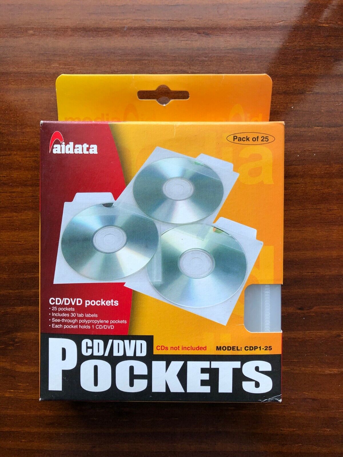 Aidata CD/DVD Pockets, 25-pack clear file sleeves with labels