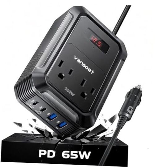 200W Car Power Inverter DC 12V to 110V AC Inverter with PD 65W/30W USB C Black