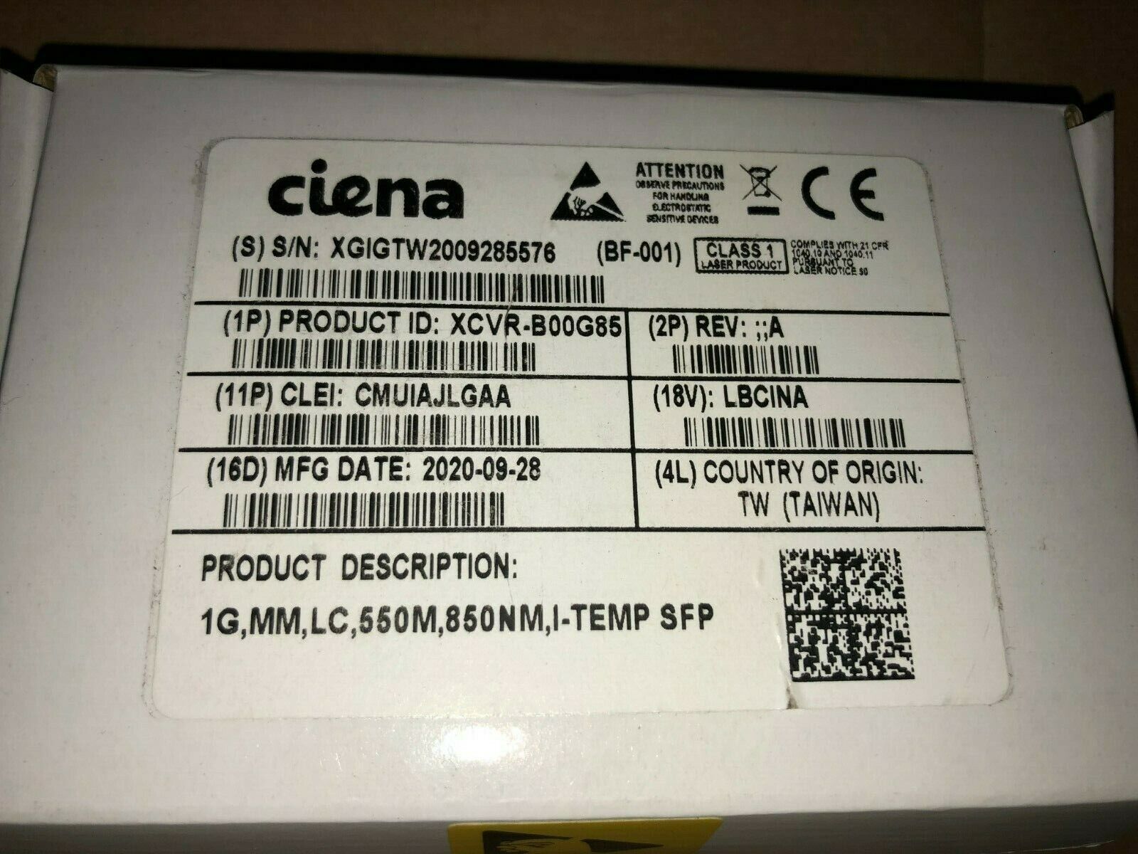 Genuine Ciena SFP Transceiver XCVR-B00G85  1g,mm,lc,550m,850nm,i-temp sfp