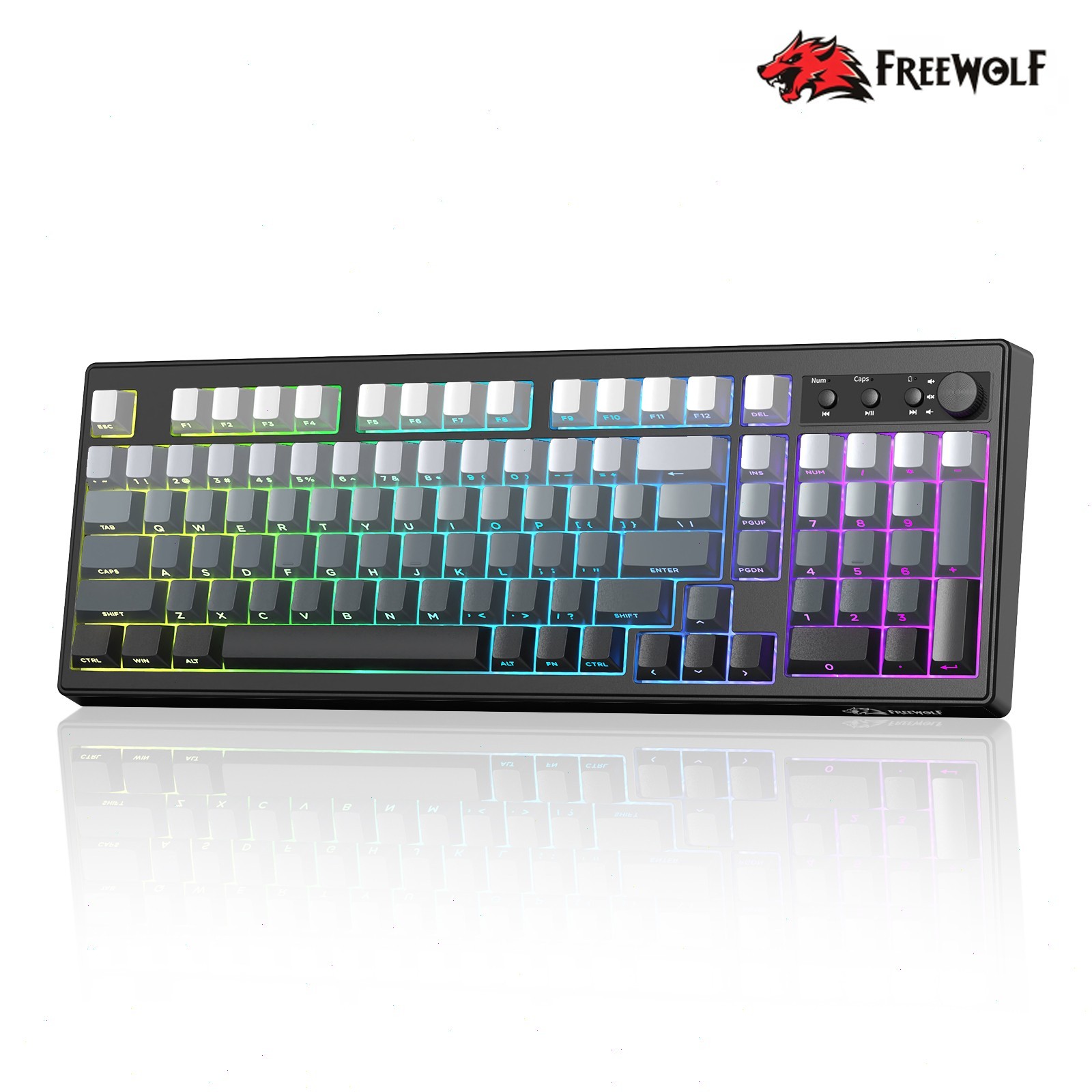 FREEWOLF K100 Membrane Keyboard 3-mode RGB Side Printed PBT Keycaps with Knob
