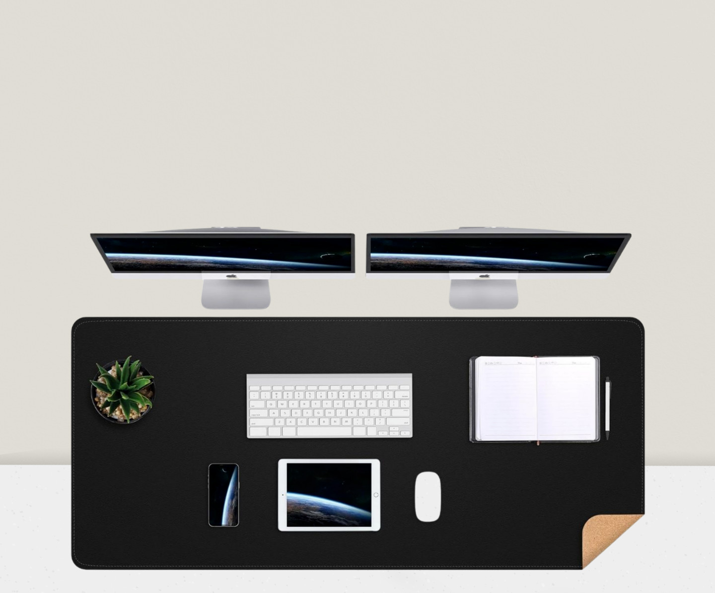 Large Desk Mat 47.2"x17" Leather Pad with Cork & PU Leather Non-Slip Black