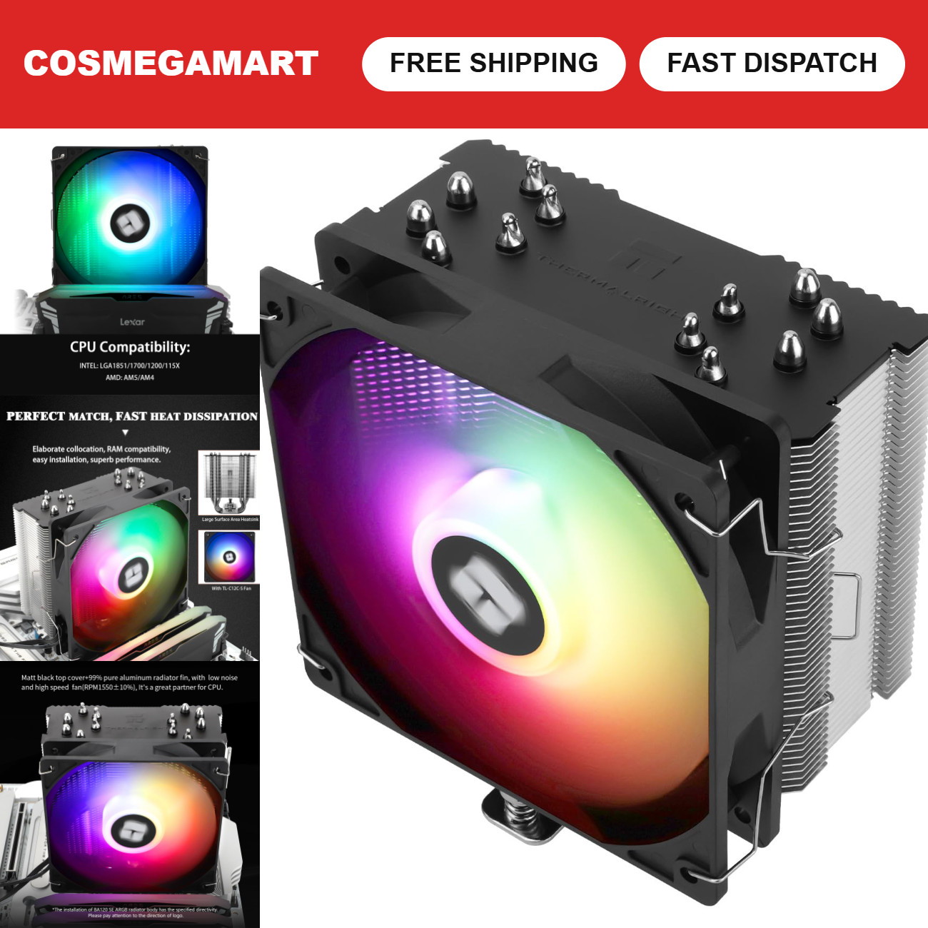 High-Performance CPU Cooler with 6 Heat Pipes, 12cm PWM Fan, ARGB Lighting, Inte