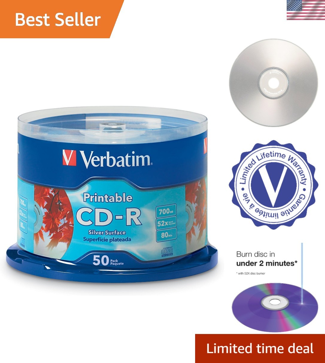 Inkjet Printable CD-R Discs, 50 Pack - 52X Speed, 80 Minutes, Silver Finish