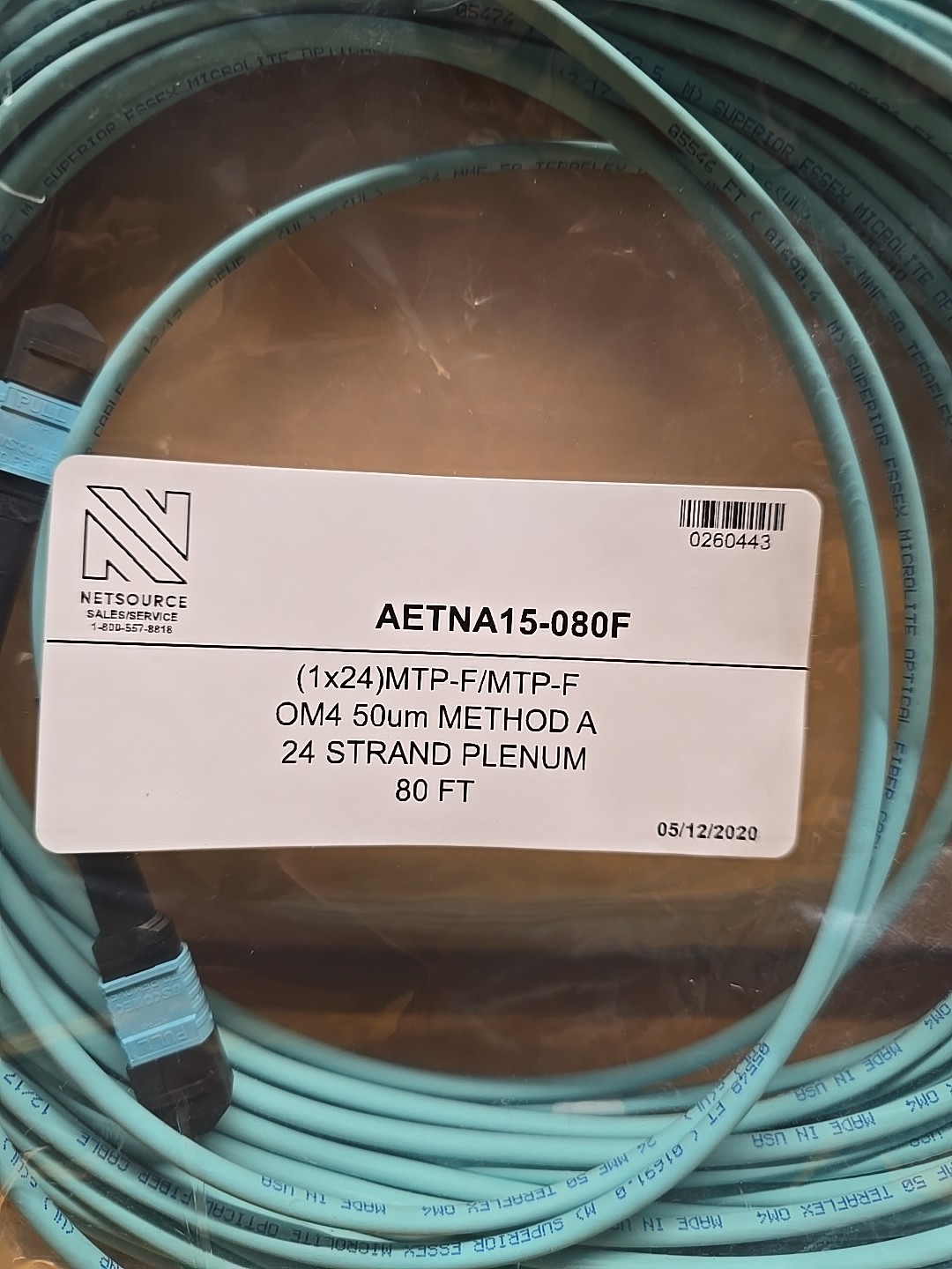 OM4 MTP/MPO 24 Fiber Trunk Cable 80ft Aqua OFNP Plenum Method A 24 Strand