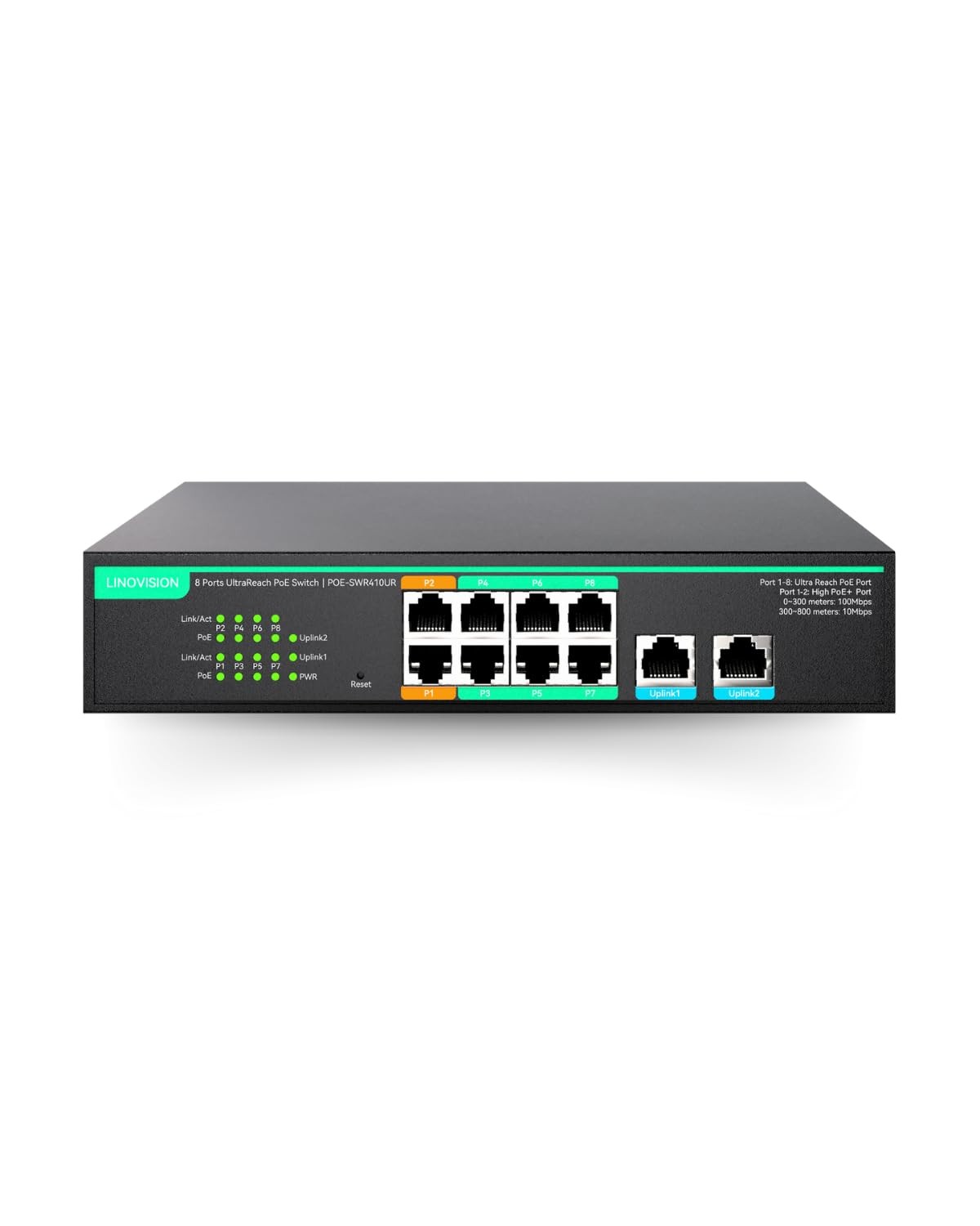 LINOVISION 8 Ports UltraReach PoE Switch Max 2600ft (800m) Long-Range black