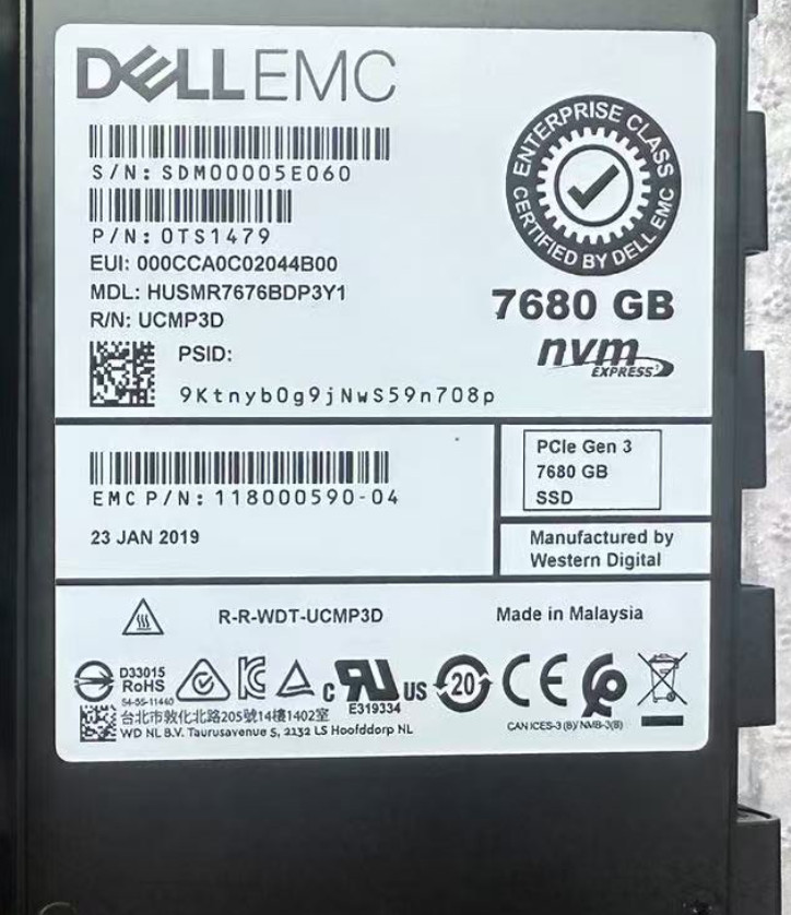 WD Ultrastar SN200 7.68TB Dell Gen3 NVMe U.2 2.5'' SSD 0TS1479 HUSMR7676BDP3Y1