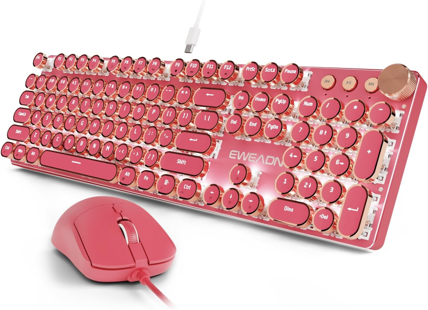 Wired Typewriter Keyboard and Mouse Combo, White Backlit, Soft Clack, Knob