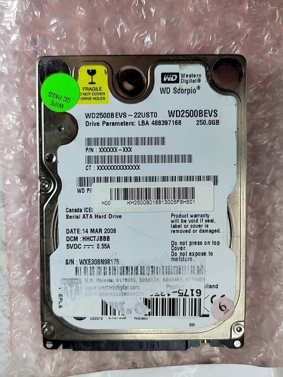 WESTERN DIGITAL WD2500BEVS-22UST0 Hard Drive 2.5" SATA 250GB