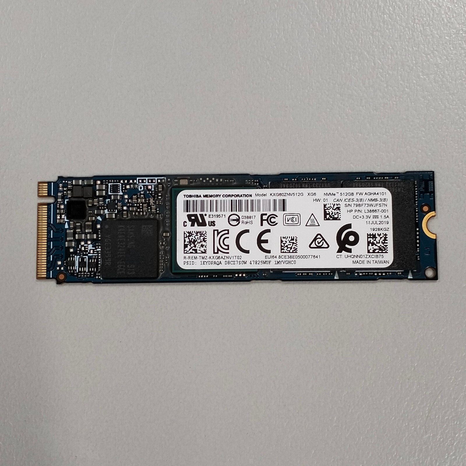 Toshiba XG6 512GB M.2 2280 TLC NAND PCIe 3.0 x4 NVMe SSD KXG60ZNV512G L38667-001