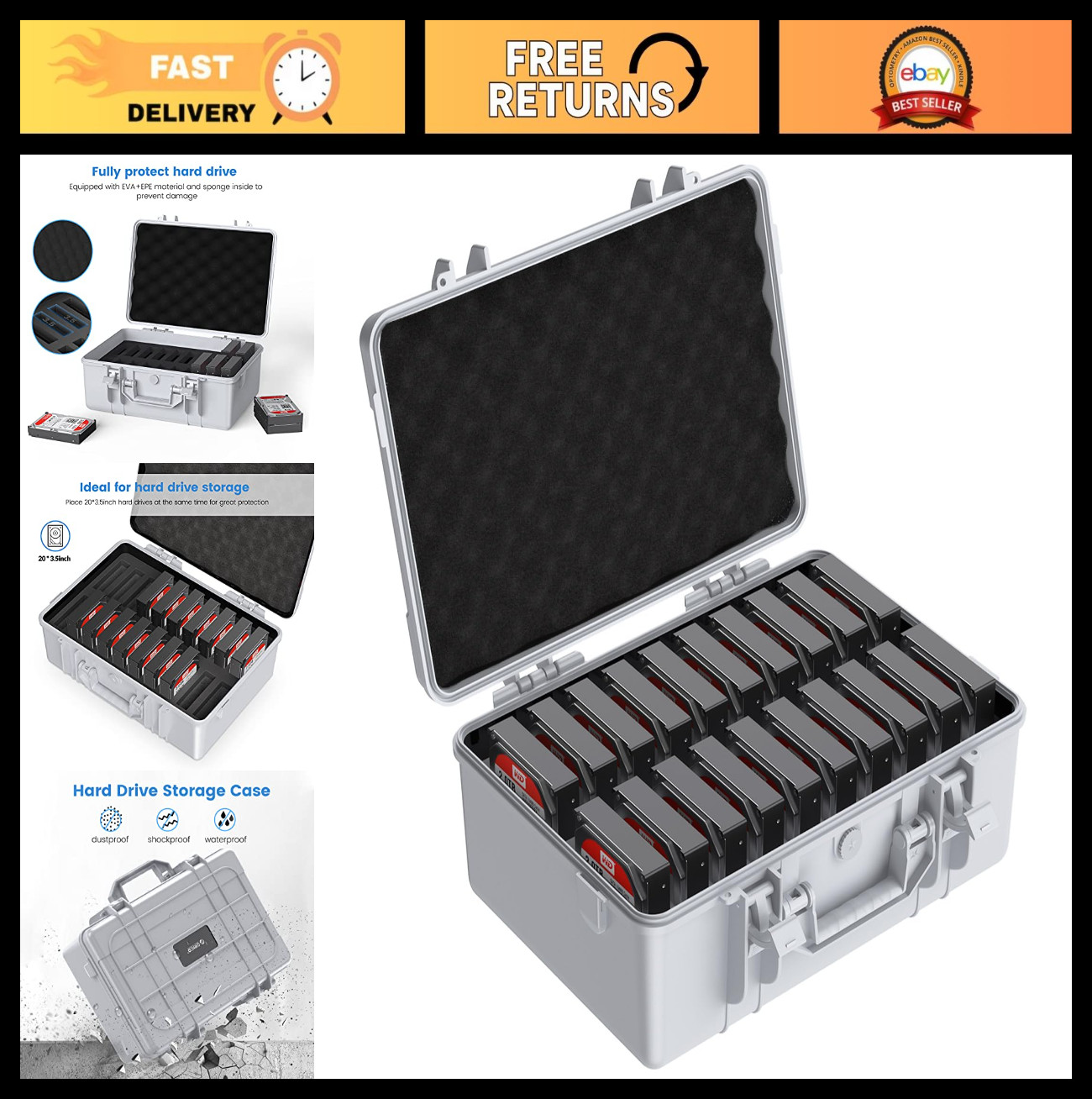 20-Bay Hard Drive Case for 3.5" HDD/SSD - Shockproof, Moisture-Proof Storage Box