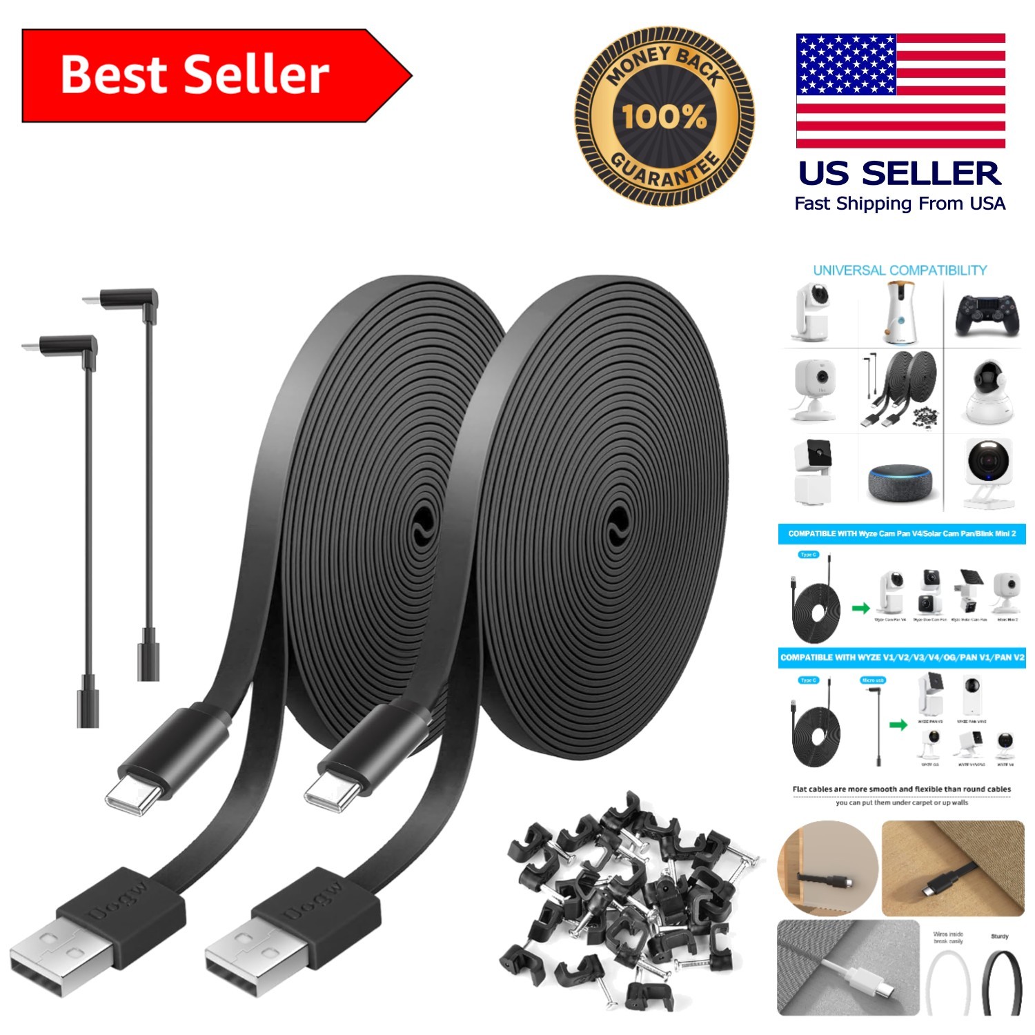 10FT Power Extension Cable - Compatible with Wyze, Blink & Nest Cam - 2 Pack