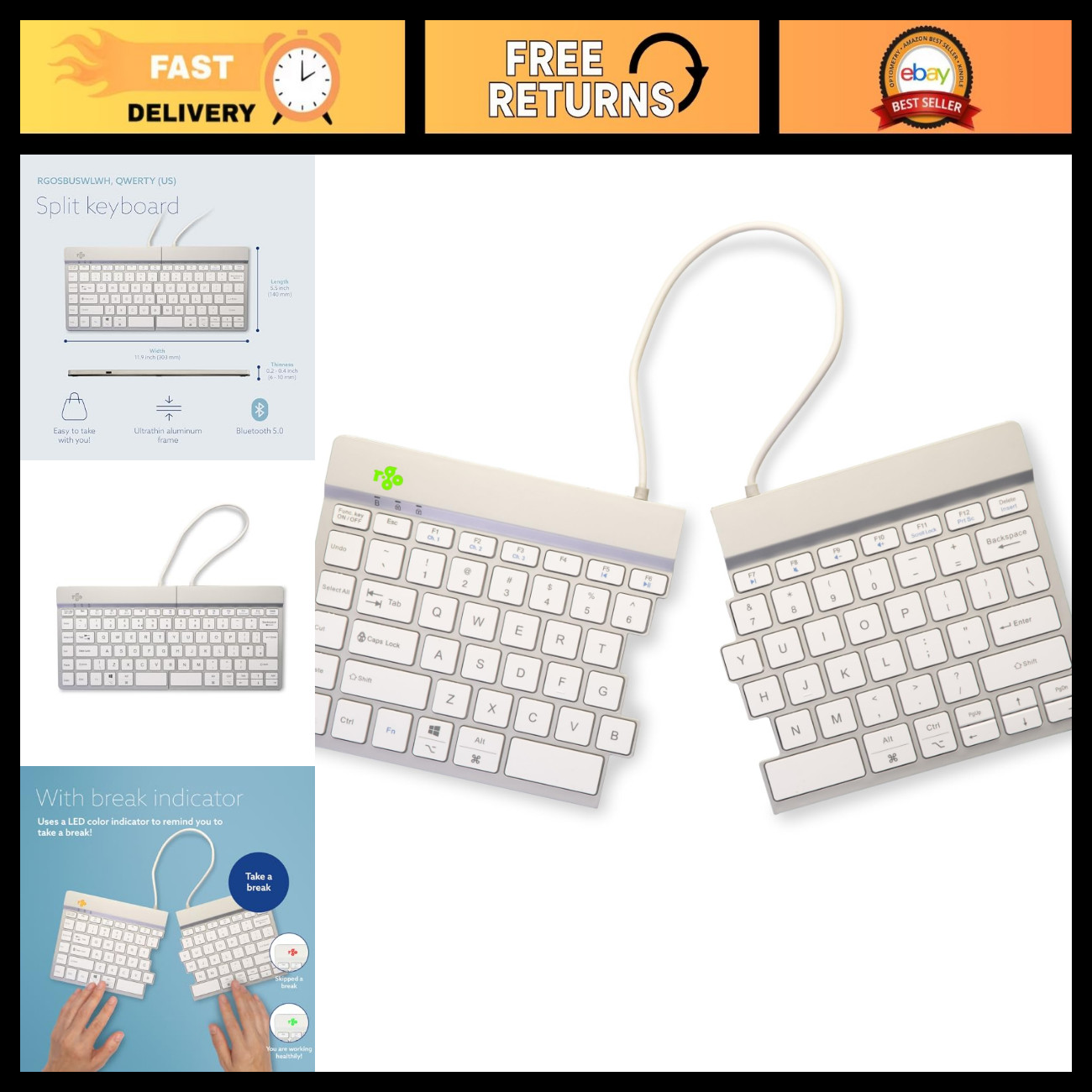 Ergonomic Split Keyboard - Anti-Carpal Tunnel, Bluetooth 5.0, 2-Part Design, QWE