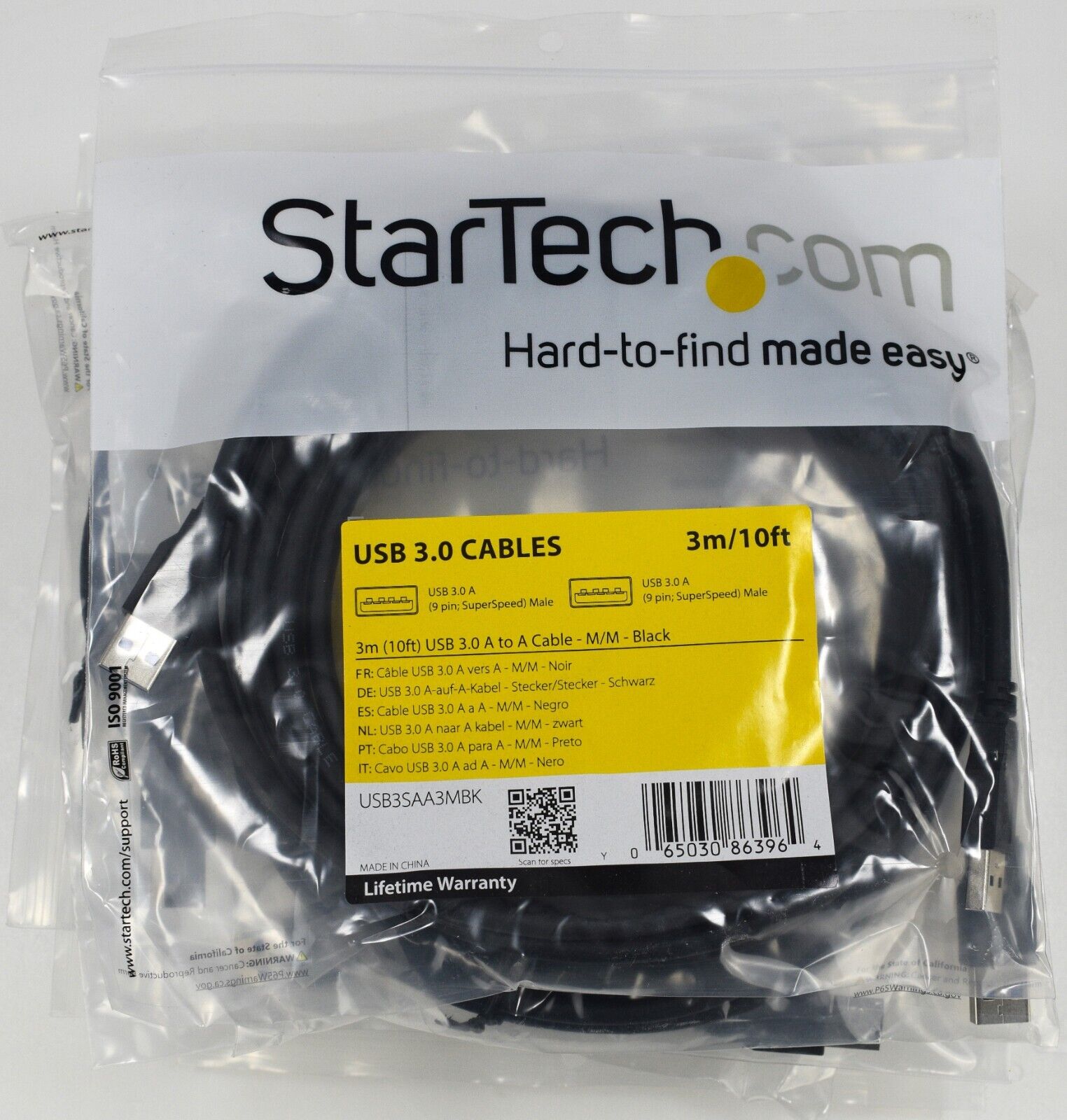 Lot of 10 StarTech 3m (10ft) USB 3.0 A to A Cables - M/M - Black