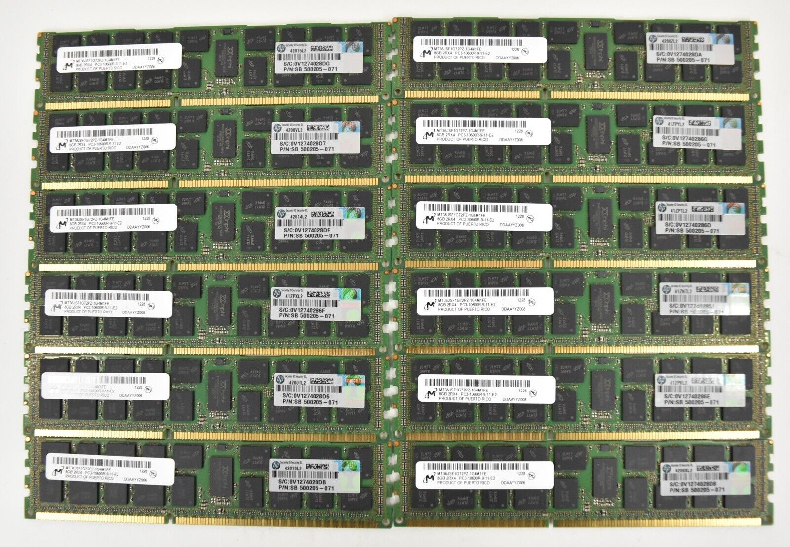 Lot of (12)  HP Micron 8GB PC3L-10600R Server DDR3 Memory 500205-071